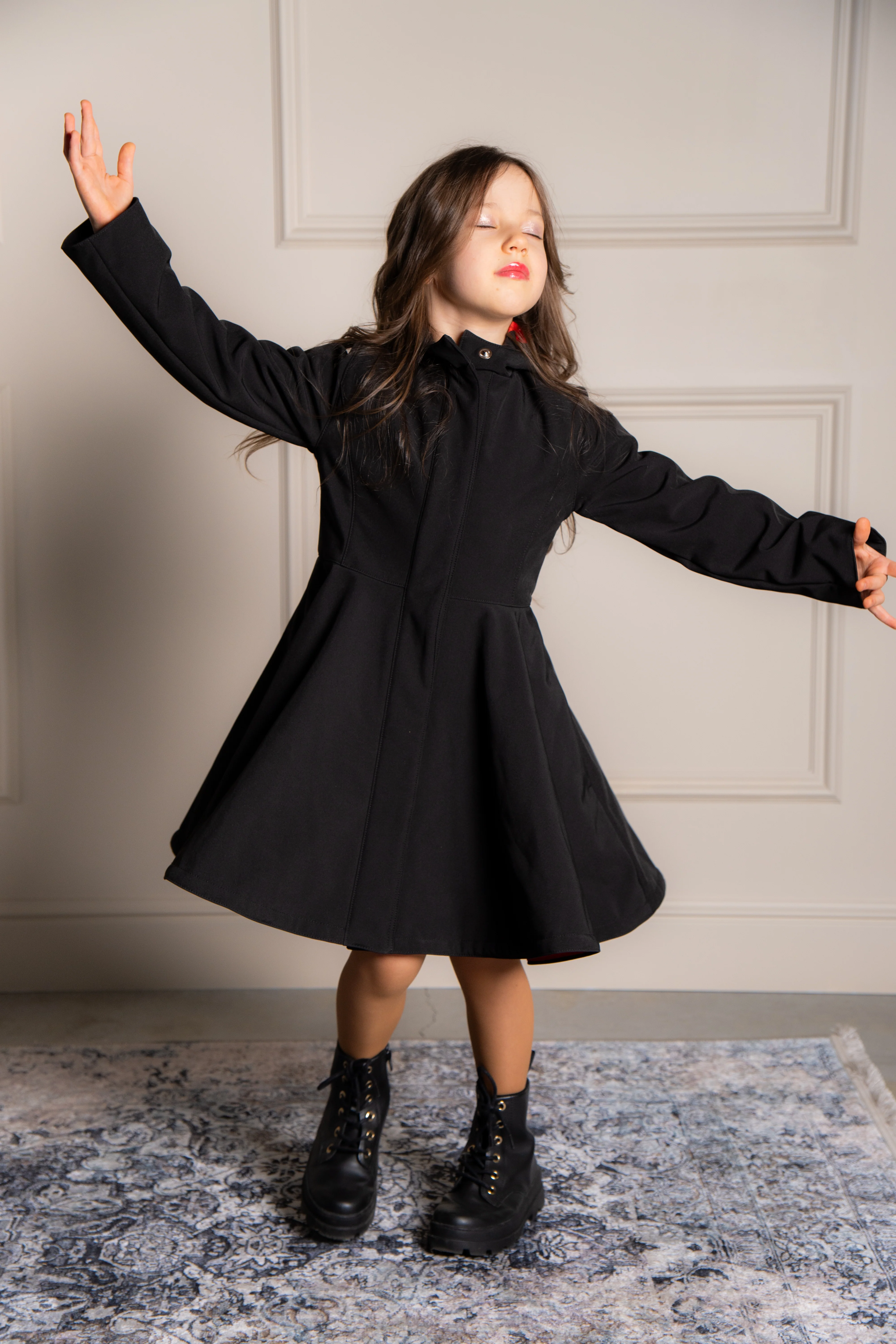 Black Girl's Coat with Bright Red Lining | Raven Red - Image 7