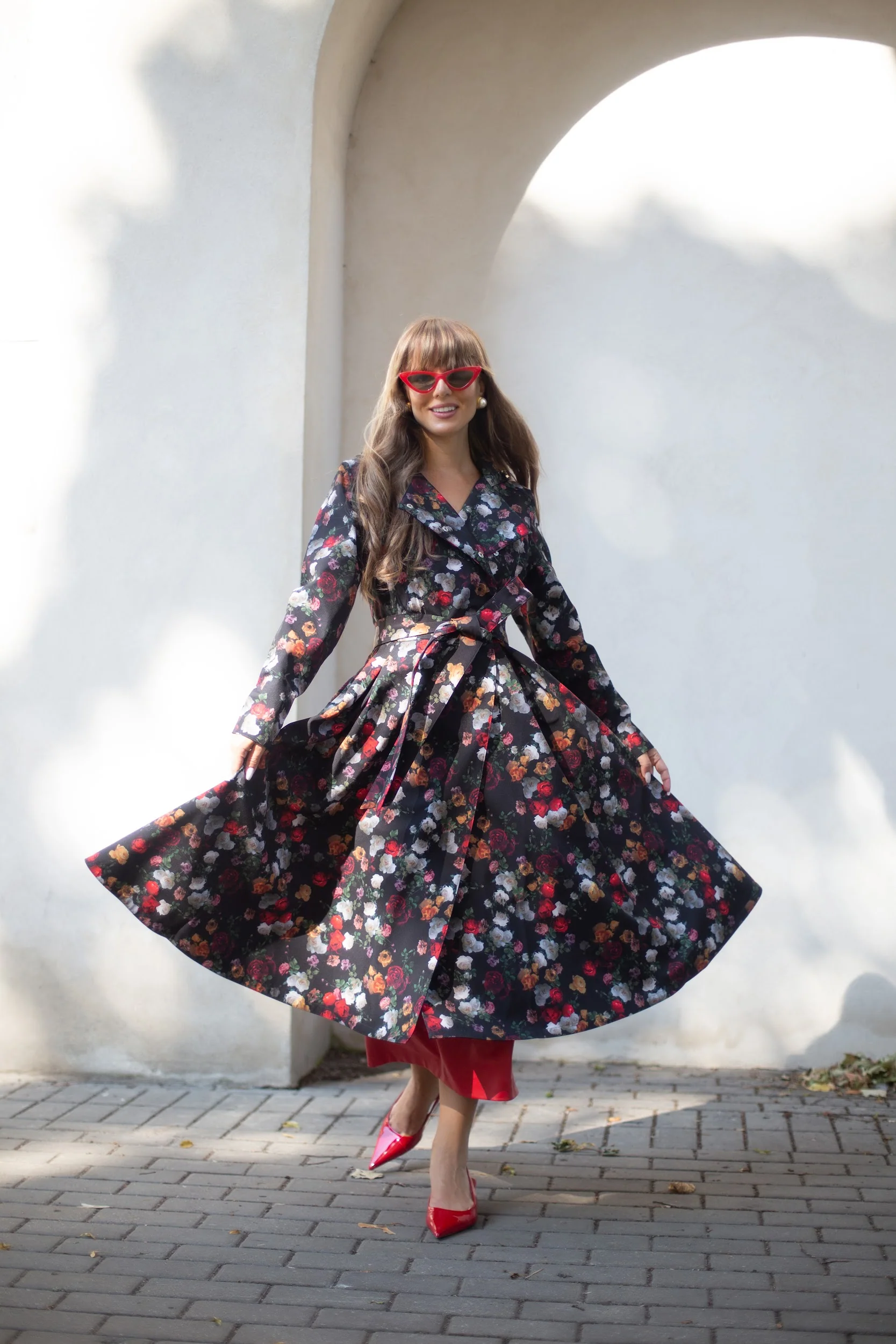 Double Breasted Trench Coat in Black and Red | Rose Garden - Image 4