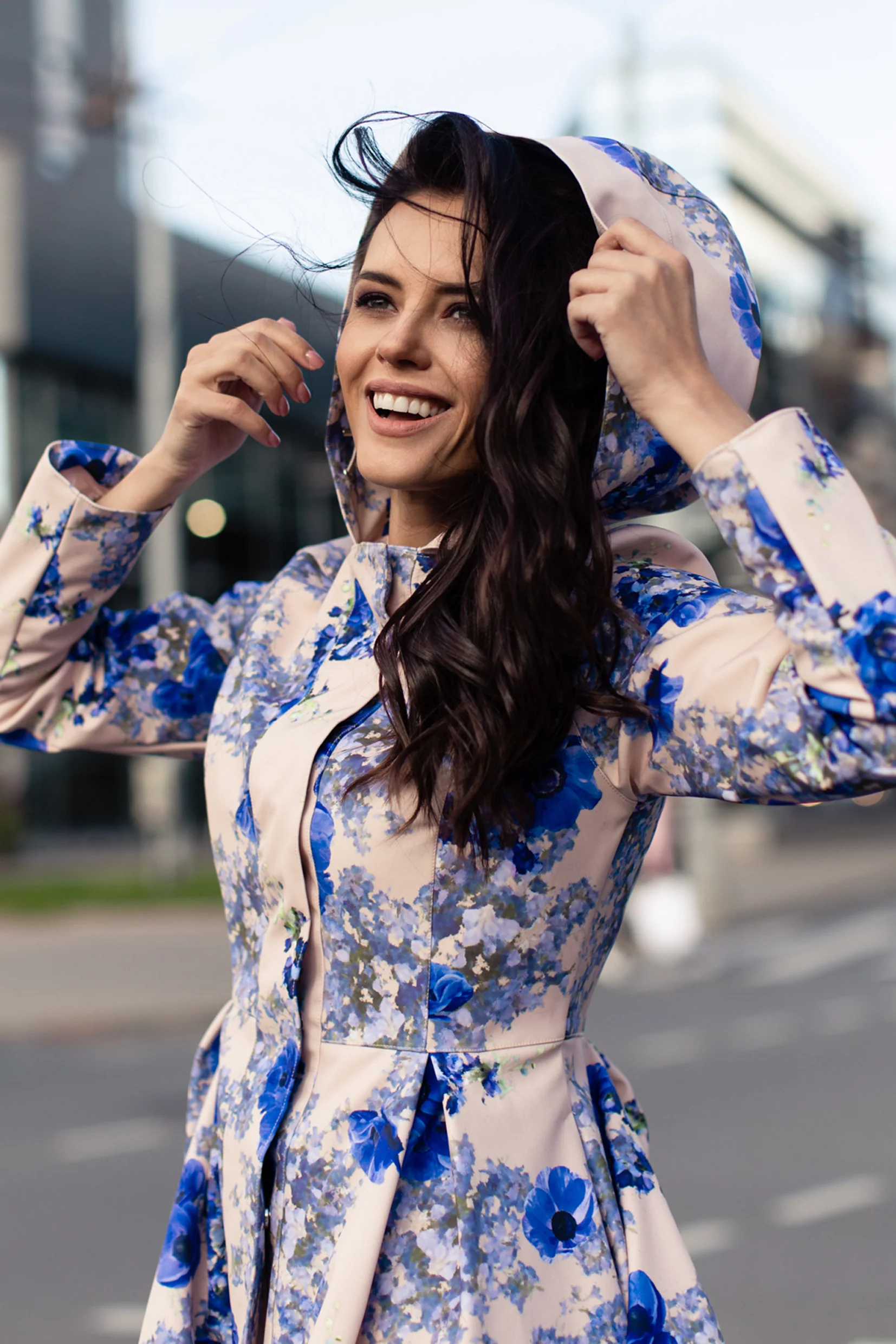 Fit and Flare Coat with Pleated Skirts in Beige and Blue | Cornflower Blue - Image 4