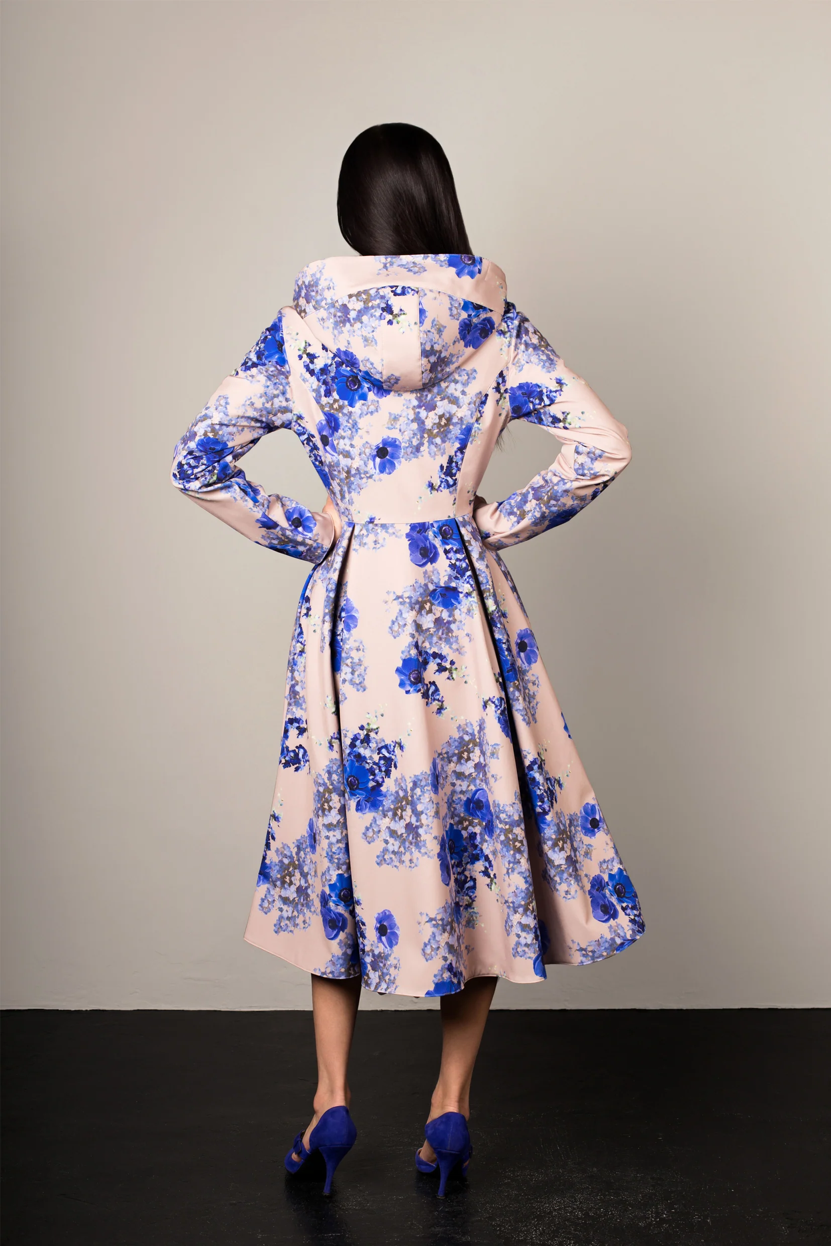 Fit and Flare Coat with Pleated Skirts in Beige and Blue | Cornflower Blue - Image 8